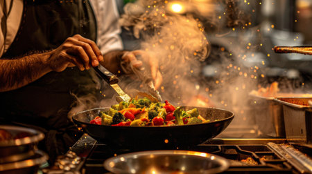 A chef stirring vegetables in a sizzling pan on a stove, steam risingの素材