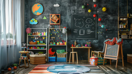 A creative playroom corner in a child's bedroom, filled with art supplies and a chalkboard wallの素材