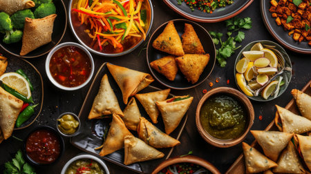 A festive spread of samosas, pakoras, and chutneys, served as Indian appetizersの素材