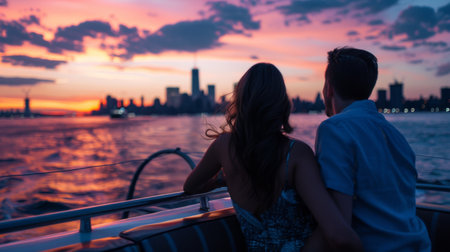 A couple enjoying a romantic sunset cruise, with a beautiful city skyline in the distanceの素材