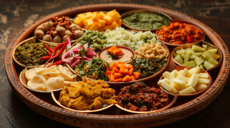 A decorative platter of assorted Indian pickles and chutneys, featuring mango pickle and mint chutneyの素材