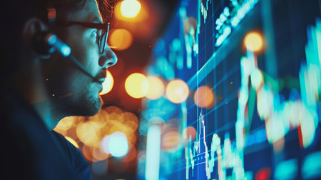 A financial analyst analyzing market trends and economic indicators on a large digital displayの素材