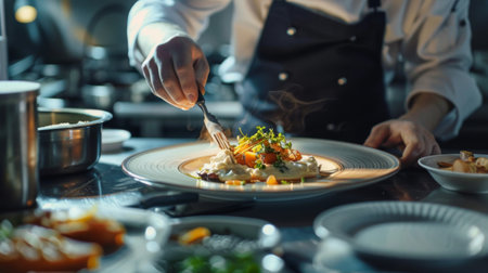 A chef plating a gourmet meal with precision, adding the final touchesの素材