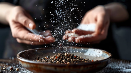 A person seasoning a dish with freshly ground black pepper and sea saltの素材