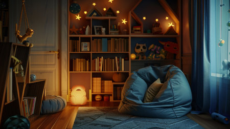 A cozy reading nook in a child's bedroom, with a bean bag chair, bookshelves, and soft lightingの素材