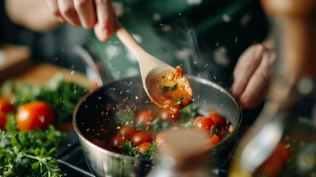 A person tasting a sauce with a wooden spoon, checking for seasoningの素材