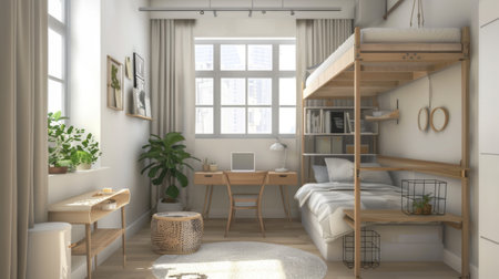 A minimalist children's bedroom with a loft bed, study desk, and organized storage binsの素材