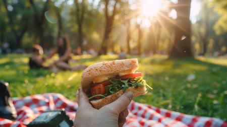 A person enjoying a picnic in a park, holding a freshly made sandwichの素材