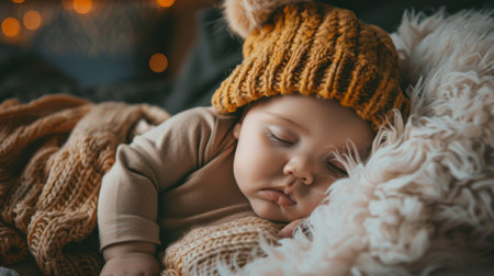 A newborn baby in a cozy, knit hat sleeping on a fluffy pillowの素材