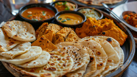 A platter of assorted Indian breads including roti, paratha, and puri, served with curryの素材