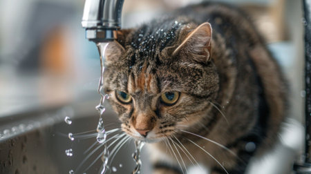 A cat drinking water from a dripping tap, its whiskers getting wetの素材