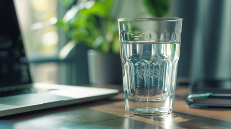 A glass of water placed on a desk beside a laptop, ready for a work breakの素材