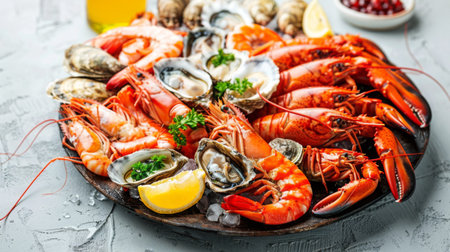 A gourmet seafood platter with lobster tails, shrimp, oysters, and lemon wedgesの素材