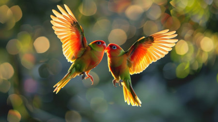 A pair of lovebirds flying together, their wings creating a heart-shaped silhouetteの素材
