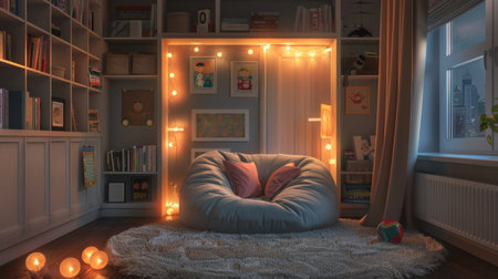 A cozy reading nook in a child's bedroom, with a bean bag chair, bookshelves, and soft lightingの素材