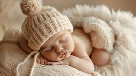 A newborn baby in a cozy, knit hat sleeping on a fluffy pillowの素材