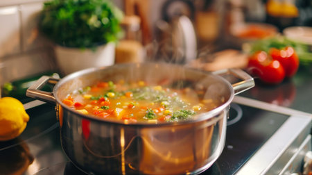 A pot of hearty soup boiling on a stovetop, with fresh ingredients nearbyの素材