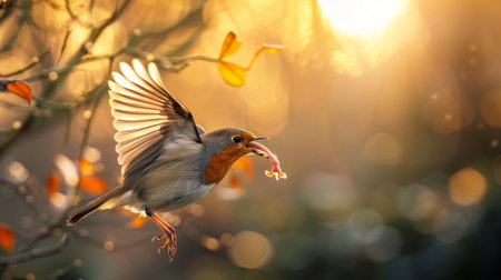 A robin flying with a worm in its beak, captured mid-air against a soft morning lightの素材