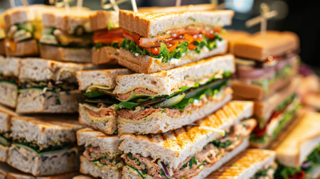 A stack of sandwiches ready for a catering event, with various fillings and bread typesの素材