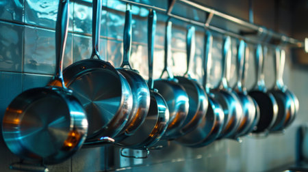 A row of pots and pans of various sizes and shapes hanging from a kitchen rackの素材