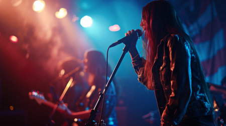 A rock band performing on stage, with vocalists passionately singing into microphonesの素材