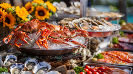 A seafood buffet with crab legs, oysters on the half shell, and grilled fishの素材