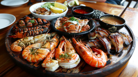 A seafood platter with assorted grilled fish and shellfish, served with dipping saucesの素材