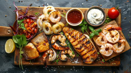 A seafood platter with grilled fish fillets, calamari rings, and prawns on a wooden boardの素材