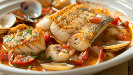 A seafood stew in a white bowl, filled with fish, clams, and tomatoesの素材