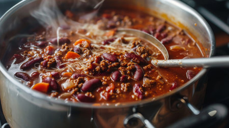 A pot of chili cooking on a stovetop, with a ladle resting on the sideの素材