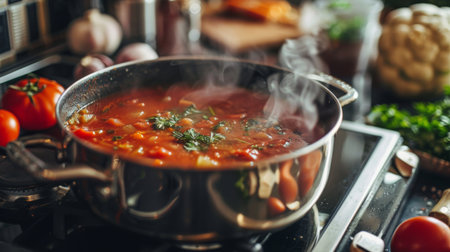 A pot of hearty soup boiling on a stovetop, with fresh ingredients nearbyの素材