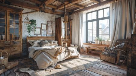 A rustic bedroom with wooden furniture, exposed beams, and vintage decorの素材