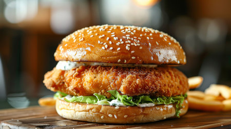 A seafood burger with a crispy fish fillet, lettuce, and tartar sauce on a sesame seed bunの素材