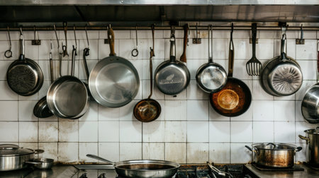 A row of pots and pans of various sizes and shapes hanging from a kitchen rackの素材