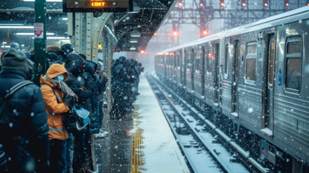 A subway station platform crowded with commuters during a snowy day, waiting for trainsの素材