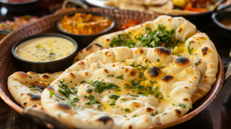 A selection of naan breads including garlic naan, butter naan, and plain naan, served hotの素材