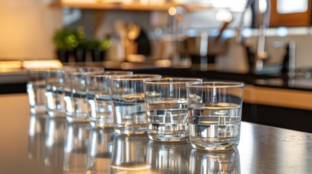 A set of glasses filled with water, lined up in a row on a modern kitchen islandの素材