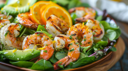 A seafood salad with mixed greens, grilled shrimp, avocado, and citrus dressingの素材