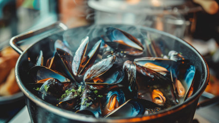 A steaming pot of mussels in a savory broth, ready to be servedの素材