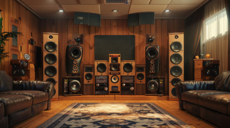 A speaker system in a home theater setup, with surround sound speakers positioned around the roomの素材