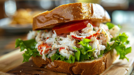 A seafood sandwich with crab meat, lettuce, and tomato on toasted breadの素材