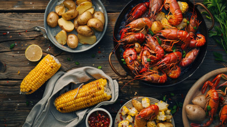 A seafood boil with crawfish, corn on the cob, and potatoes on a wooden tableの素材