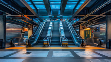 A subway station entrance with escalators leading down to the platformの素材