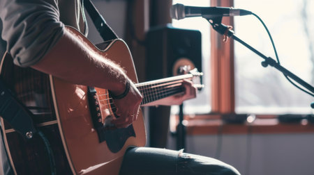 A singer-songwriter recording acoustic guitar and vocals with a microphone in a home studioの素材