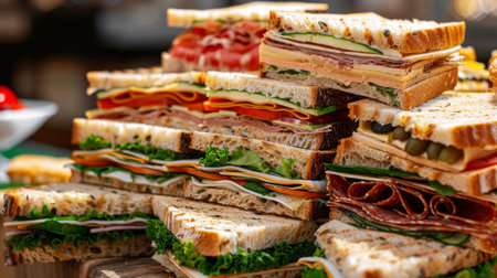 A stack of sandwiches ready for a catering event, with various fillings and bread typesの素材