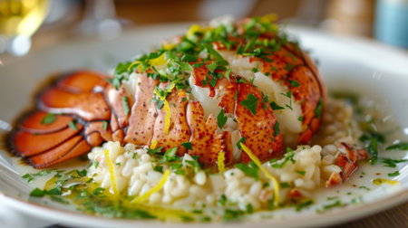 A seafood risotto with lobster tail, garnished with parsley and lemon zestの素材
