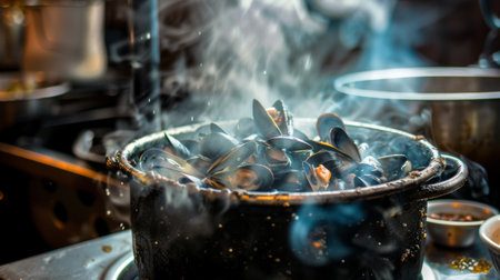 A steaming pot of mussels in a savory broth, ready to be servedの素材