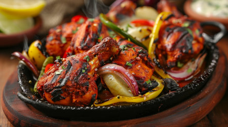 A sizzling platter of tandoori chicken marinated in yogurt and spices, served with grilled vegetablesの素材