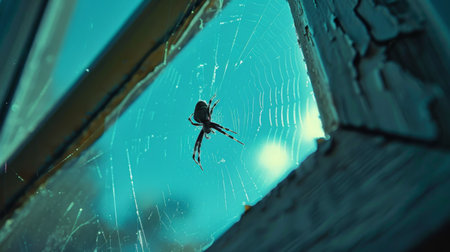 A spider weaving its web in the corner of a window frame, against a blue sky backgroundの素材