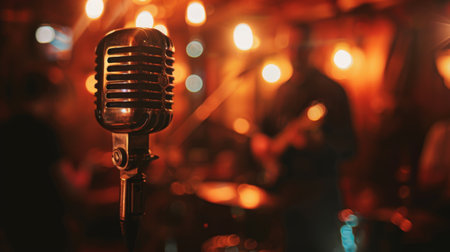A singer holding a vintage microphone, performing jazz standards in a dimly lit loungeの素材